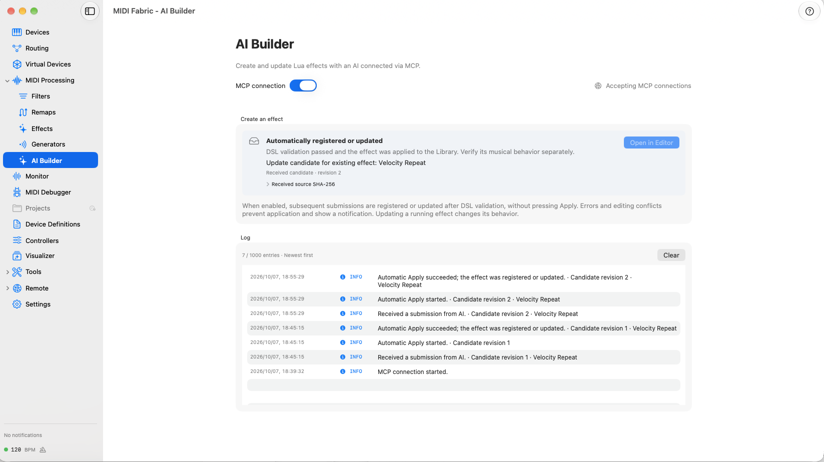 AI Builder の画面。ログに、AI からの受け取りと自動登録の成功が 2 回(最初の版は 18:45:15、続けて頼んだ更新は 18:55:29)並んでいる