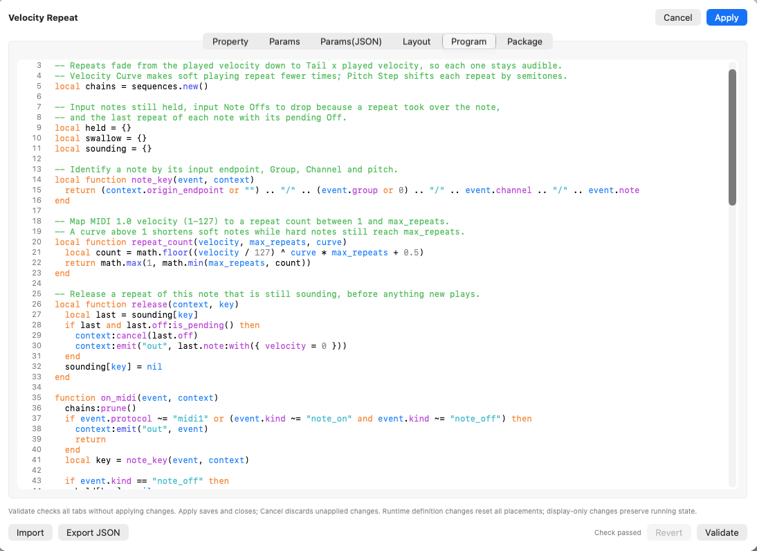エフェクトの編集画面の Program タブ。AI が書いた Lua のコードの、repeat_count を含む前半が表示され、下に Check passed とある