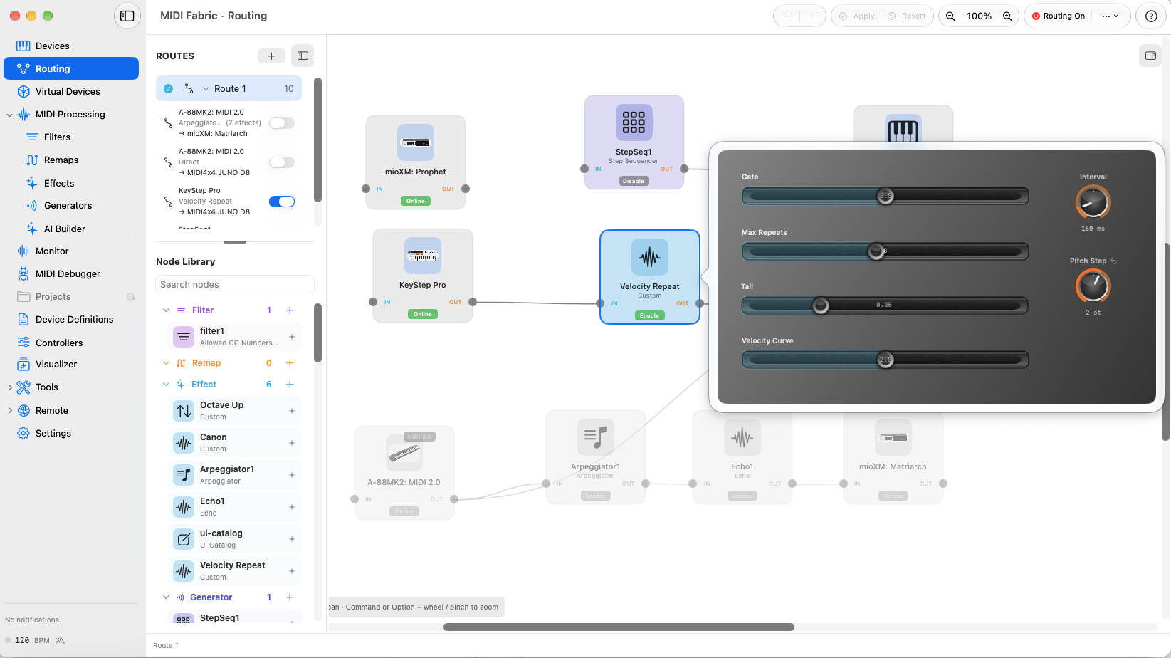 ルーティングの画面で Velocity Repeat を選び、操作パネルを開いたところ。Gate、Max Repeats、Tail、Velocity Curve のスライダーと、Interval(150 ms)と Pitch Step(+2)のノブが並んでいる