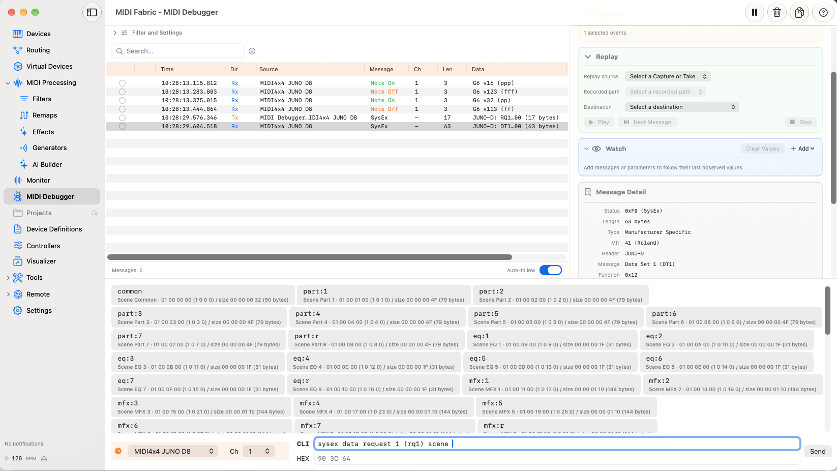 The MIDI Debugger with "sysex data request 1 (rq1) scene" typed, listing the JUNO-D's scene areas (common, part:1 to 7, eq, mfx and so on) as candidates with their addresses and sizes