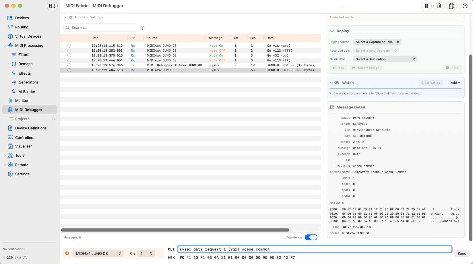The sent RQ1 and the received DT1 in the list, with Message Detail on the right showing the decoded DT1 (Roland, JUNO-D, Data Set 1, Temporary Scene / Scene Common) and a hex dump