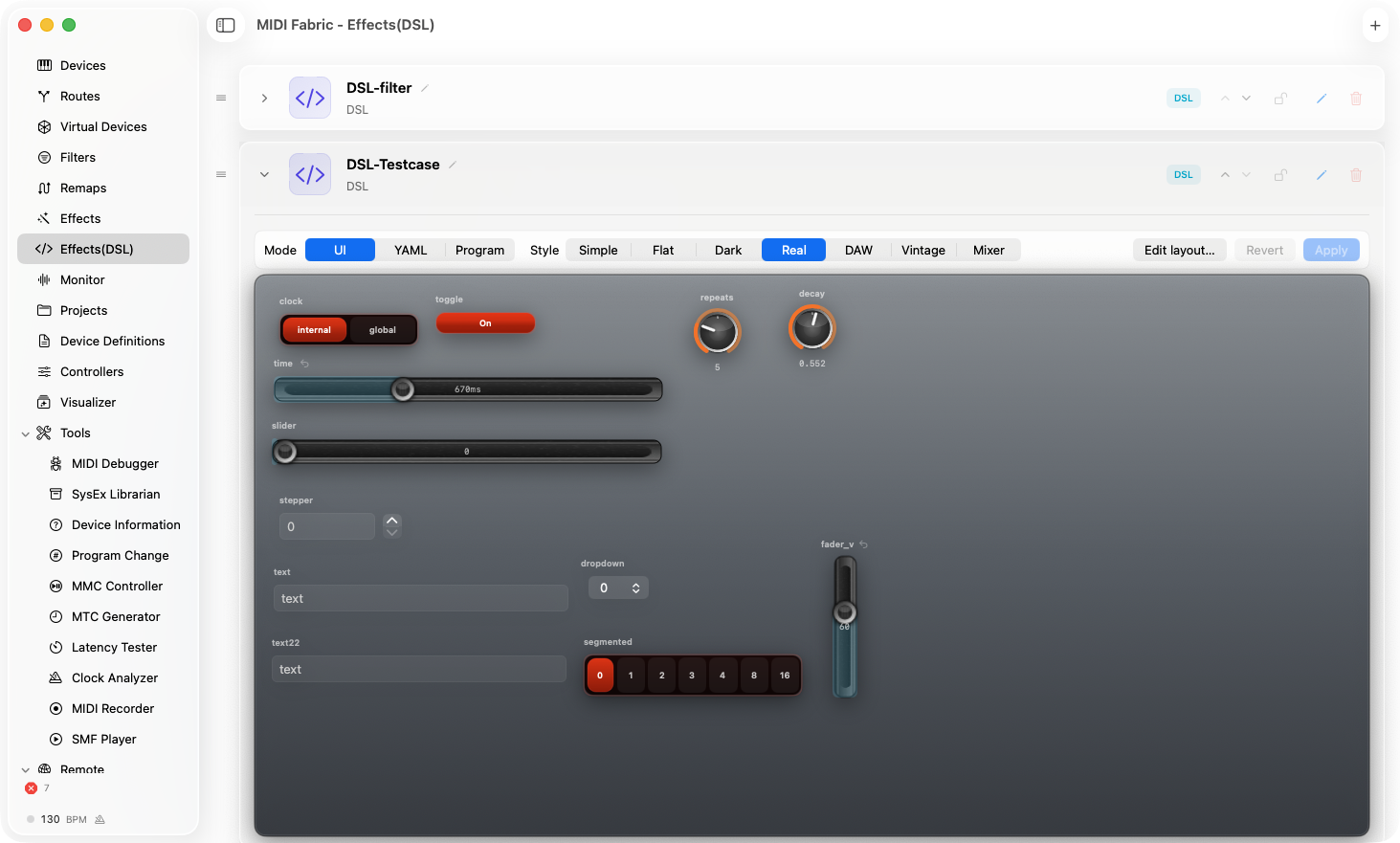 MIDI Fabric のカスタマイズ可能なエフェクト UI